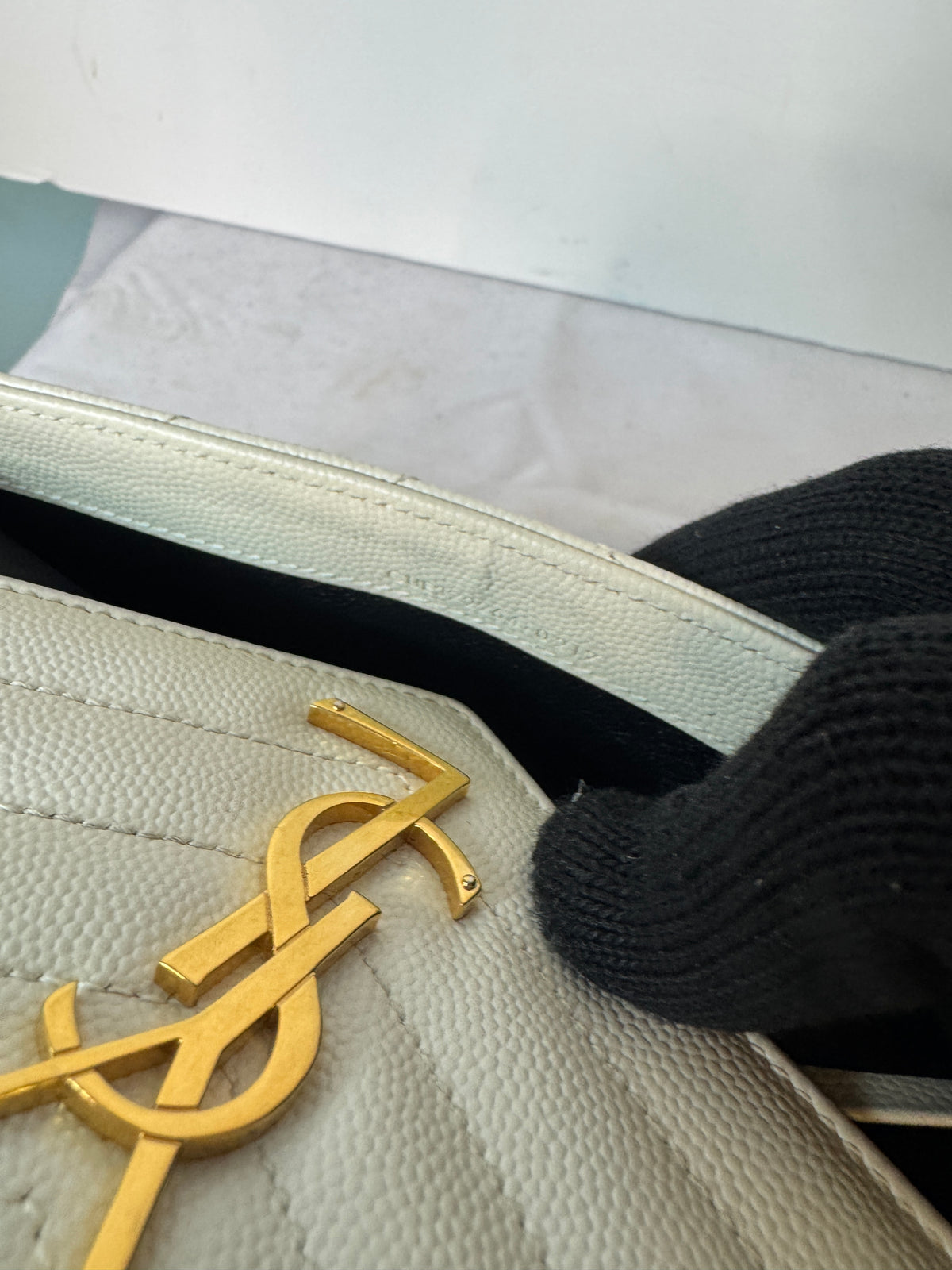 Saint Laurent Chevron Envelope Wallet – Cream & Gold-Tone
