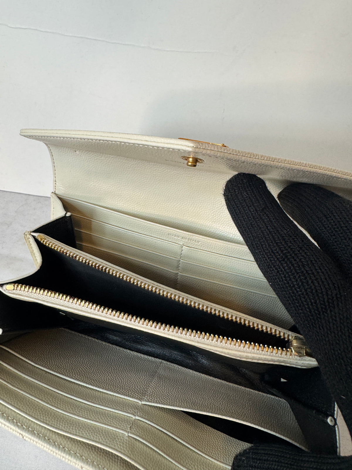 Saint Laurent Chevron Envelope Wallet – Cream & Gold-Tone