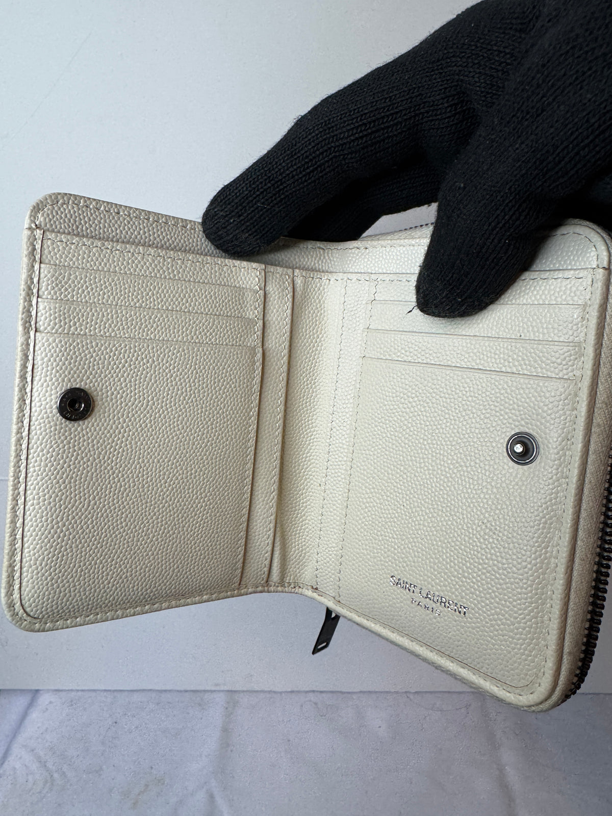 Saint Laurent Ivory Chevron Quilted Zip-Around Wallet