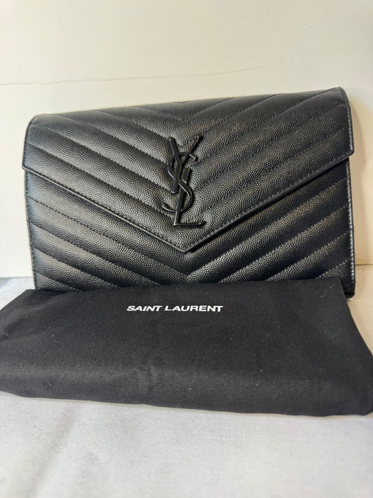 Saint Laurent Black Chevron Quilted Wallet on Chain