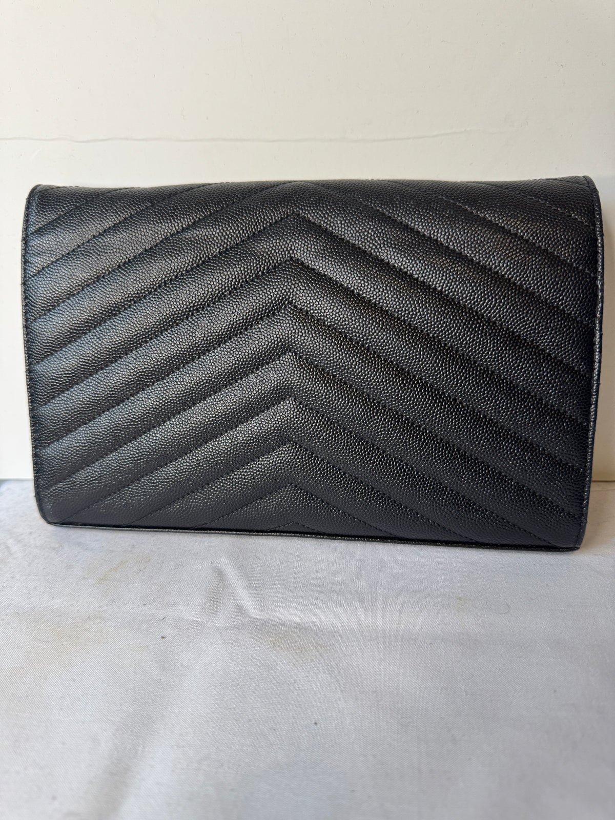 Saint Laurent Black Chevron Quilted Wallet on Chain