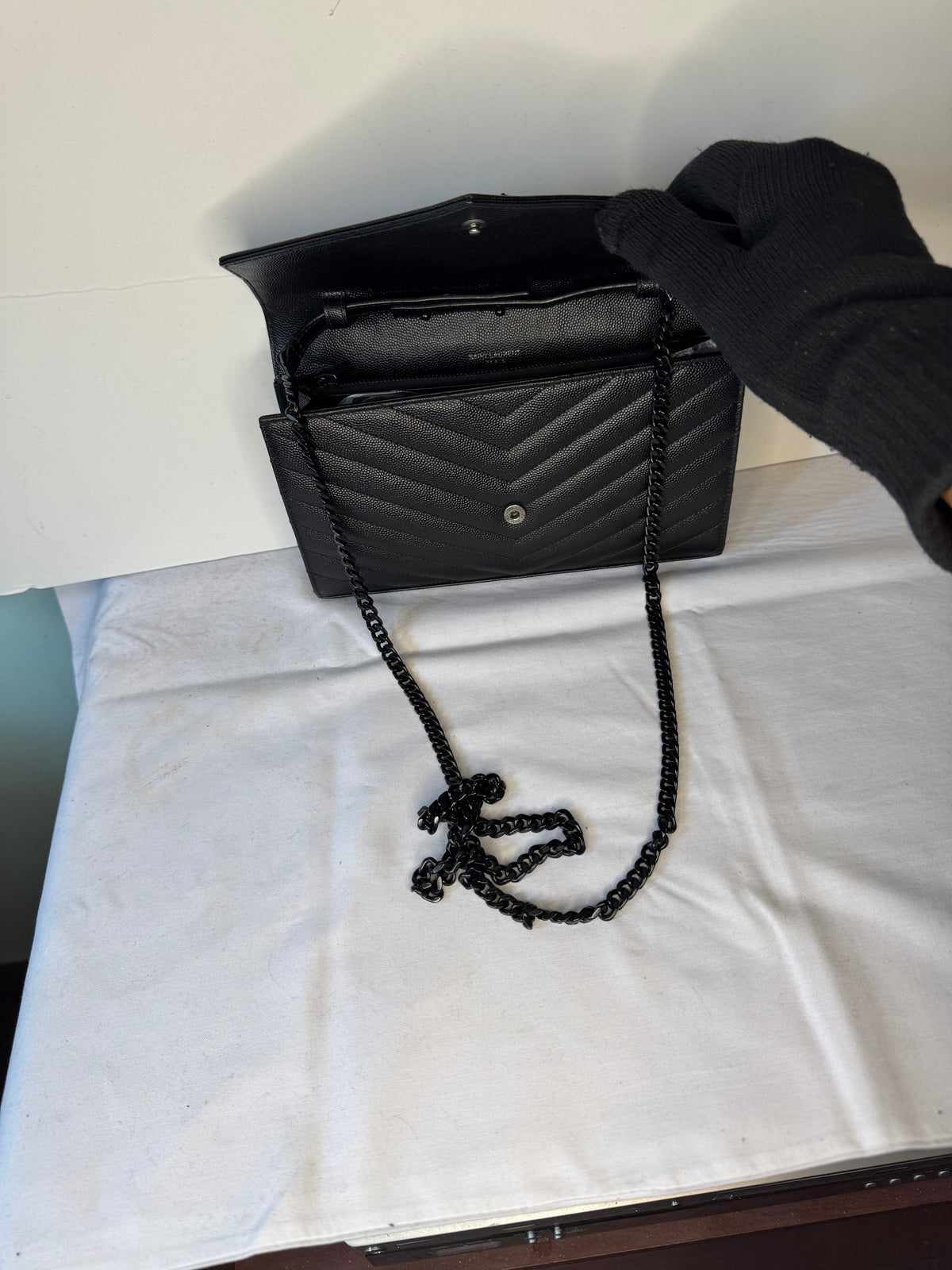 Saint Laurent Black Chevron Quilted Wallet on Chain