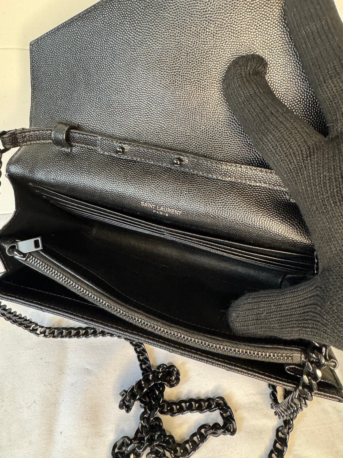 Saint Laurent Black Chevron Quilted Wallet on Chain