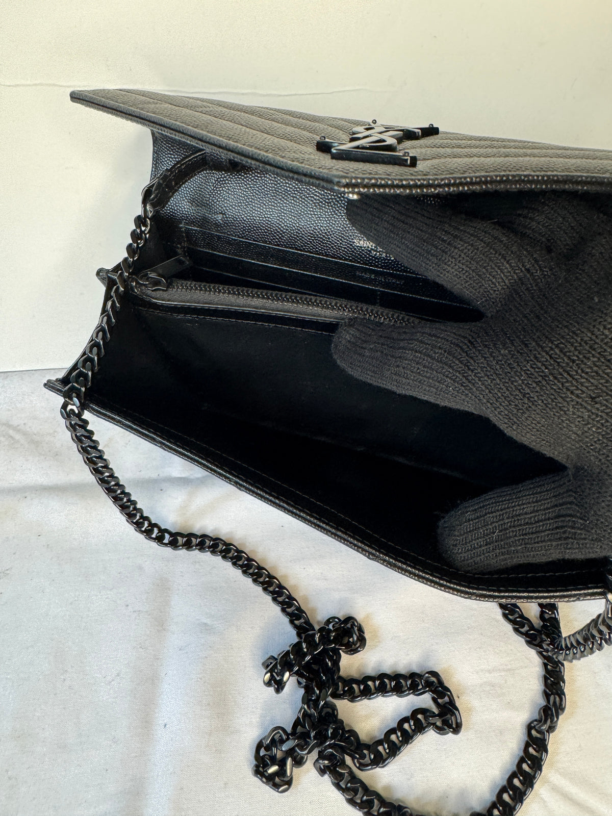 Saint Laurent Black Chevron Quilted Wallet on Chain