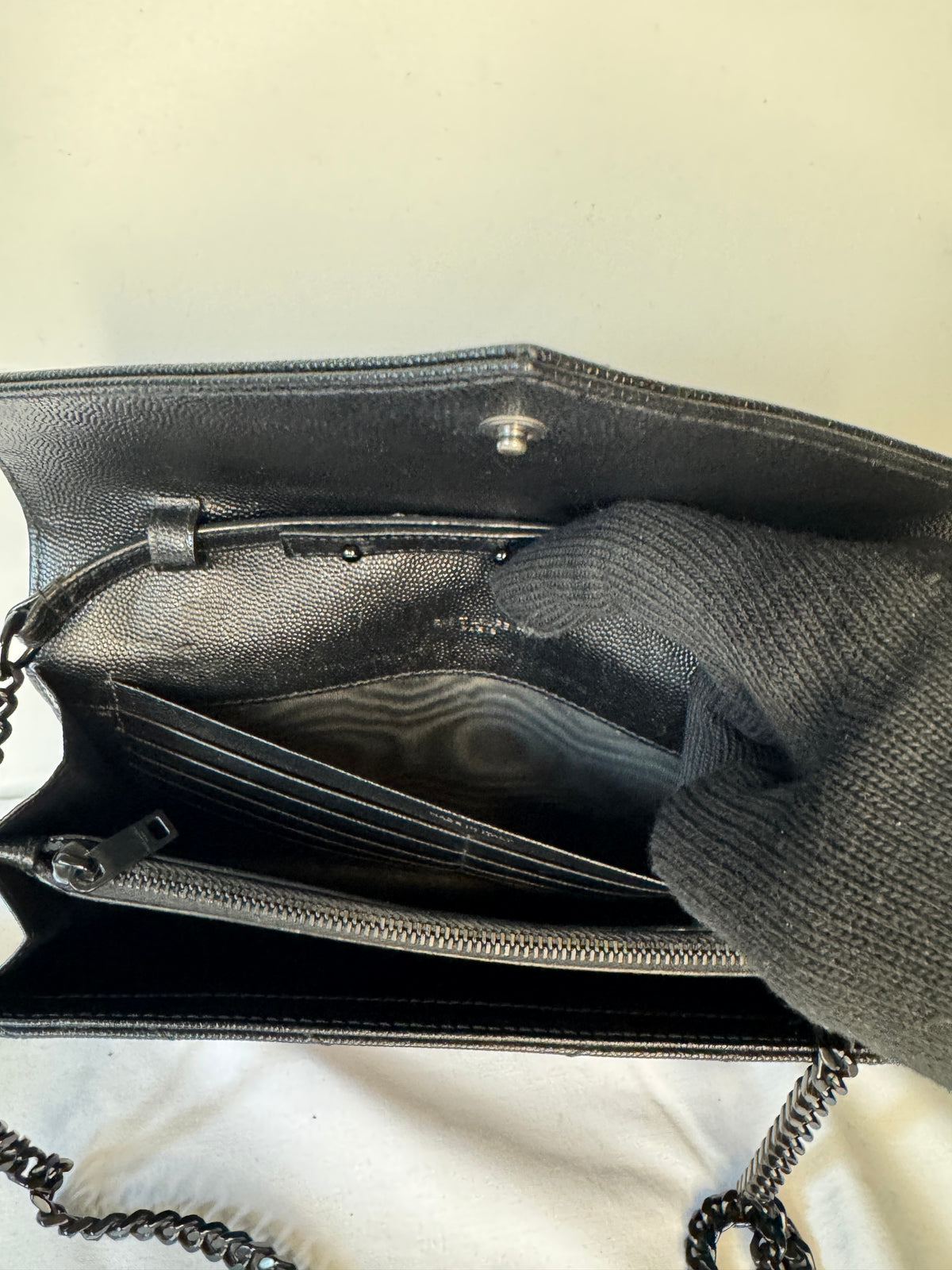 Saint Laurent Black Chevron Quilted Wallet on Chain