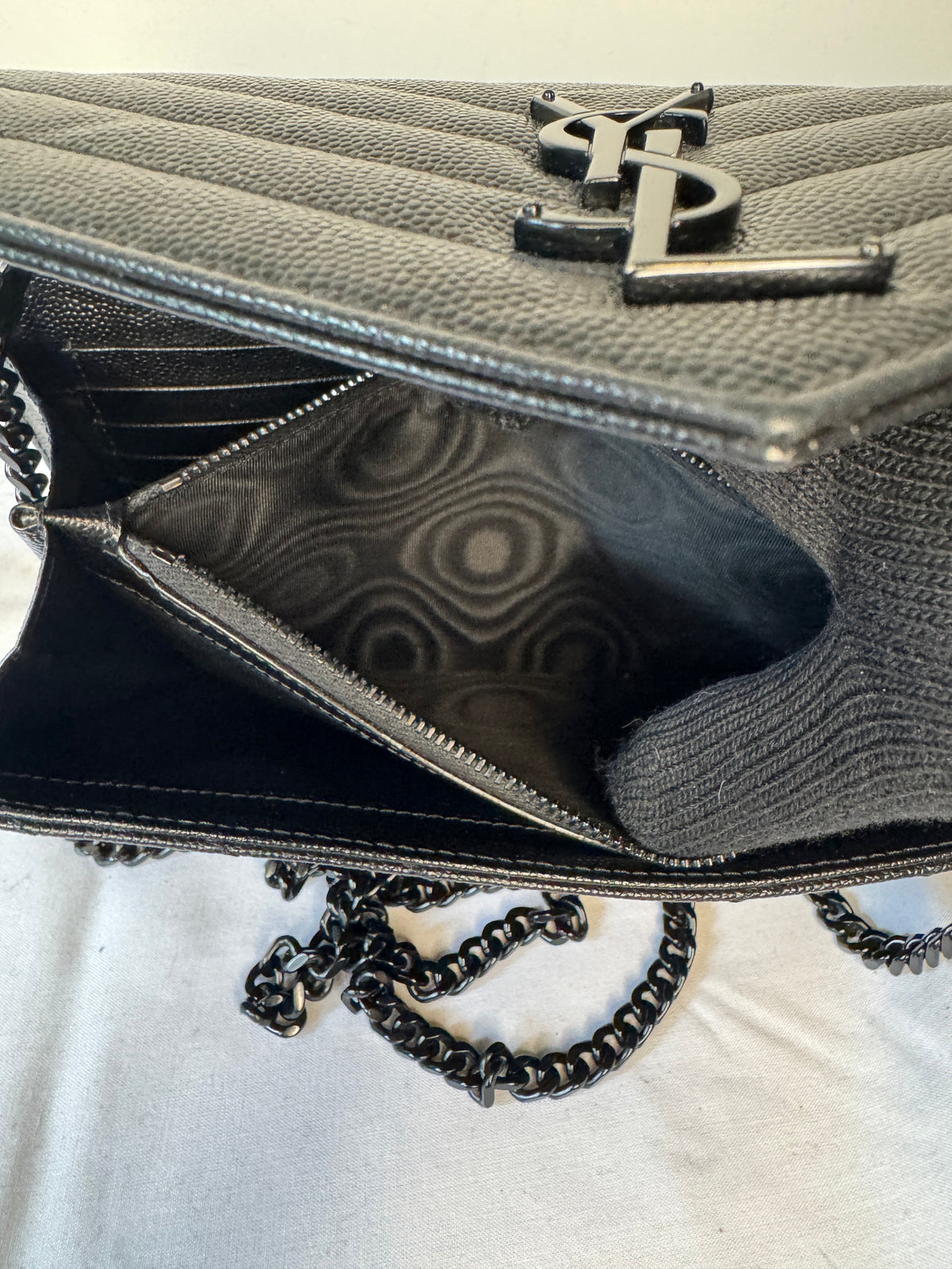 Saint Laurent Black Chevron Quilted Wallet on Chain