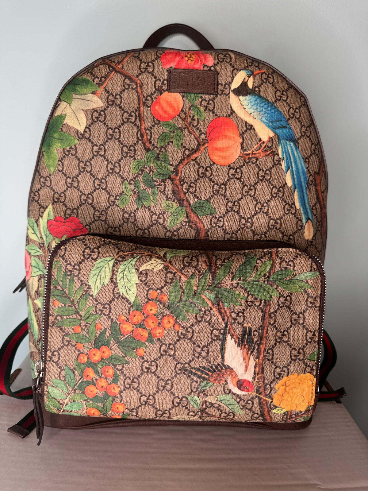 Gucci beige and brown GG monogram backpack with colorful bird and floral print and front zip pocket
