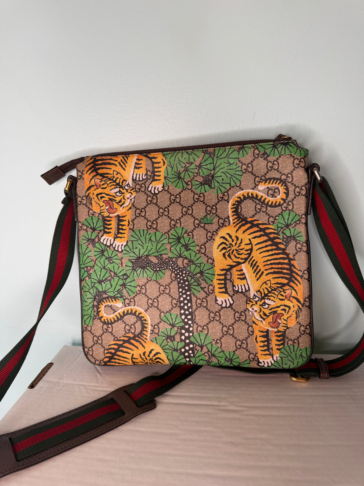 Gucci GG Monogram Tiger Print Crossbody Messenger Bag