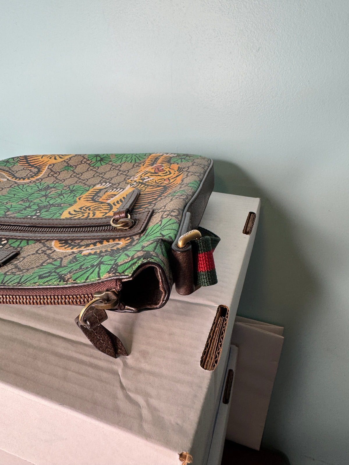 Gucci GG Monogram Tiger Print Crossbody Messenger Bag
