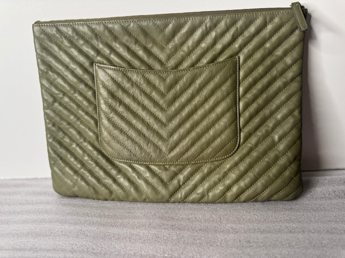 Chanel Olive Green Chevron Quilted Zip Pouch