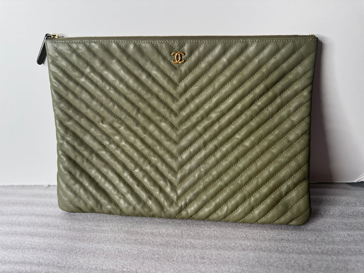 Chanel Olive Green Chevron Quilted Zip Pouch