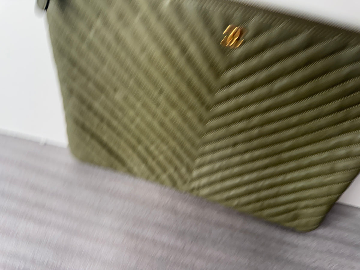 Chanel Olive Green Chevron Quilted Zip Pouch