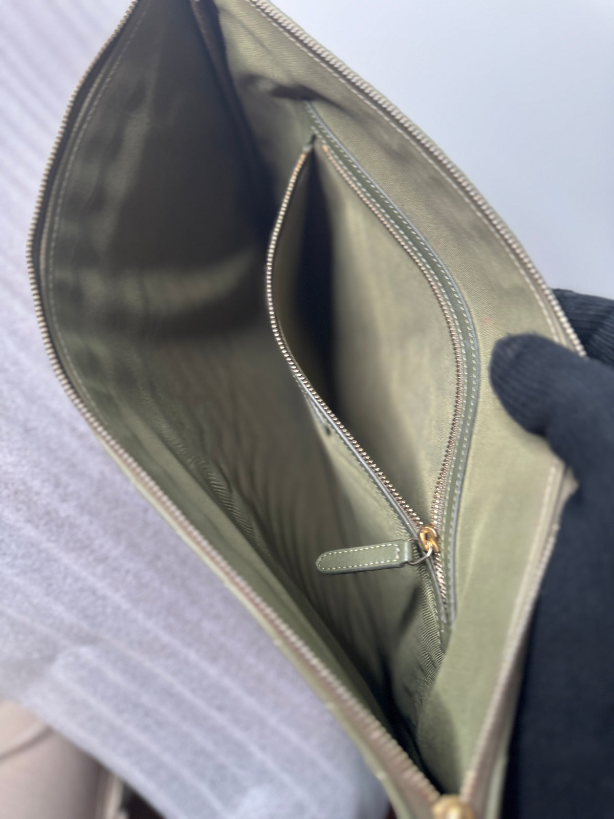 Chanel Olive Green Chevron Quilted Zip Pouch