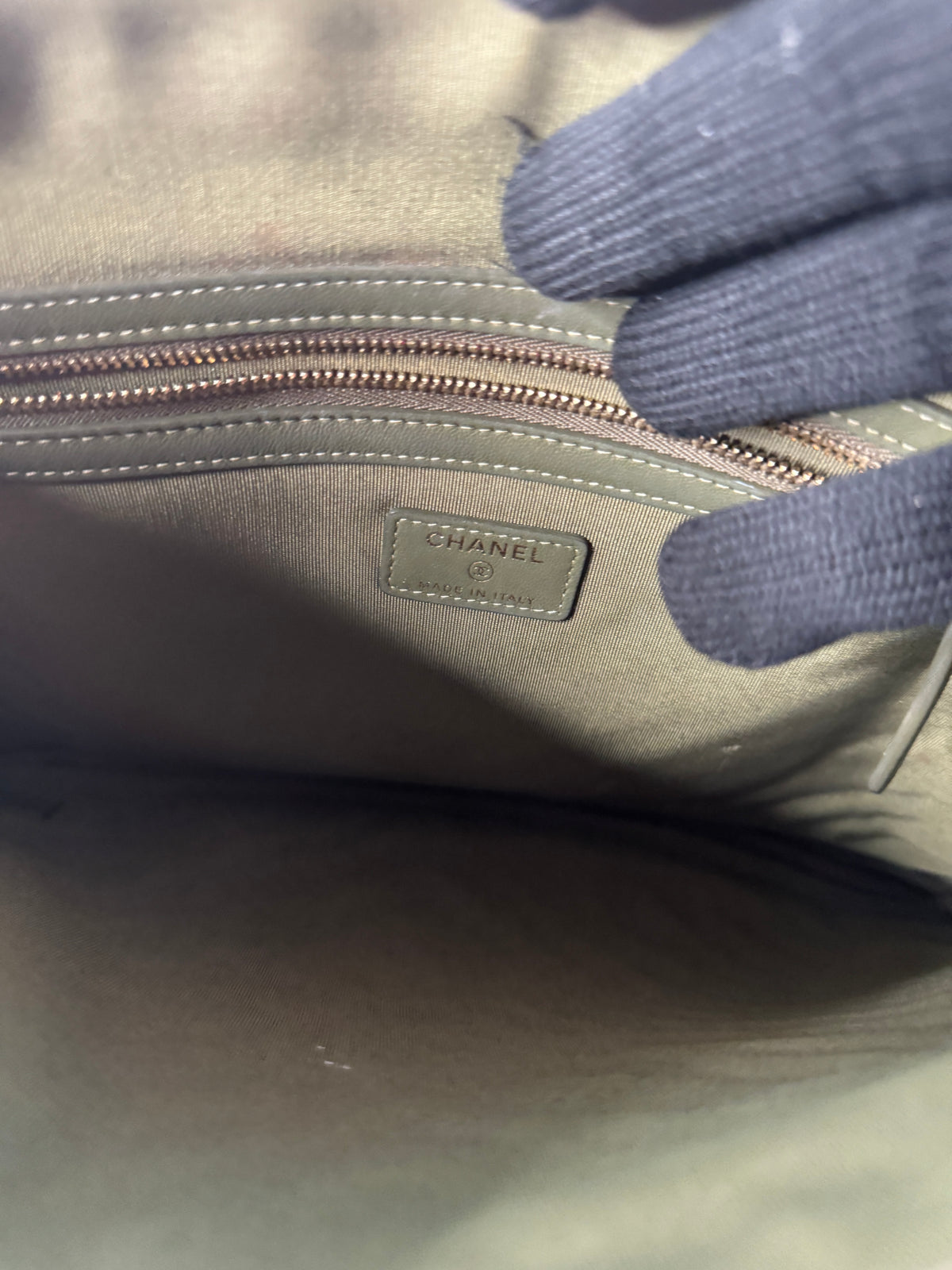 Chanel Olive Green Chevron Quilted Zip Pouch